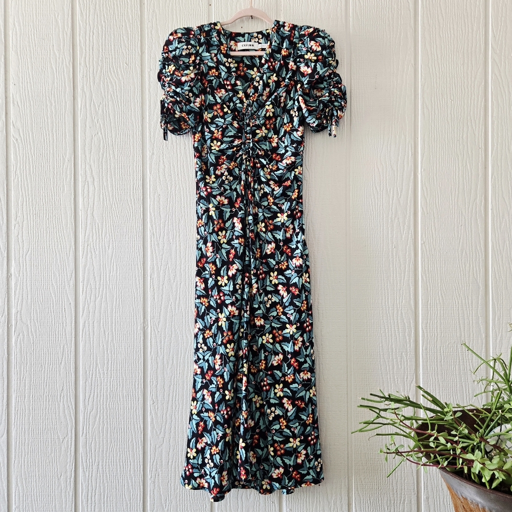 CEFINN Boho Western Black Floral V Neck Maxi Ruched Bodice Short Sleeves Lined 6